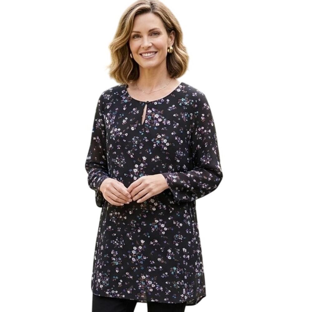 J. Jill Wearever Collection Keyhole Top Womens XL Black Floral Accordion Back